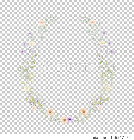 Beautiful watercolor spring wreath with pink, purple flowers and delicate leaves. Floral oval frame illustration Beautiful watercolor spring wreath with pink, purple flowers and delicate leaves. Floral oval frame illustration 136347175