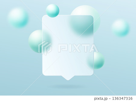 Light glassmorphism message card with mint floating spheres on pastel blue background 136347316