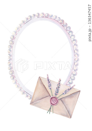 Watercolor pearl frame, envelope with lavender, wax seal in the foreground. Hand-painted illustration isolated on white for vintage party invitations, romantic events, branding, stationery design 136347457