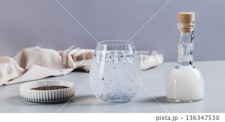 Detox coconut water with chia seeds in a glass on the table web banner 136347538