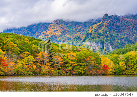 （長野県）湖面に映る秋　戸隠高原・鏡池 136347547