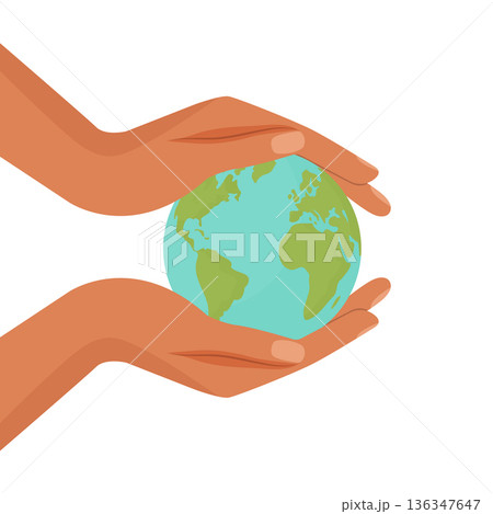 Ecology protection and global unity symbol with earth in hands vector illustration. 136347647