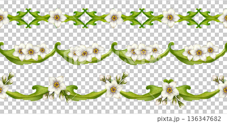 Set of seamless green borders with watercolor white flowers and leaves. Botanical horizontal pattern for holydays, Easter, Mother's Day, labels, frames, greeting cards, and summer and spring decor Set of seamless green borders with watercolor white flowers and leaves. Botanical horizontal pattern for holydays, Easter, Mother's Day, labels, frames, greeting cards, and summer and spring decor 136347682