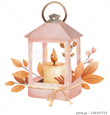 Candle with autumn leaves  136347725