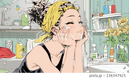 スキンケアを念入りに行う若い女性