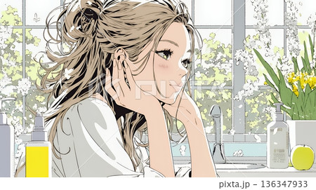 スキンケアを念入りに行う若い女性