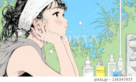 スキンケアを念入りに行う若い女性