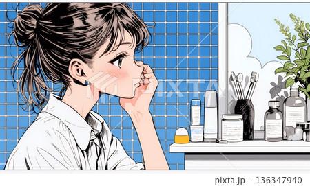 スキンケアを念入りに行う若い女性