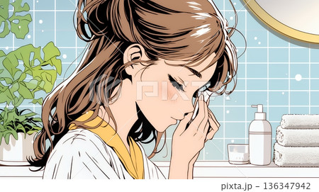 スキンケアを念入りに行う若い女性