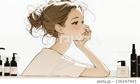 スキンケアを念入りに行う若い女性（シンプルな色使い）