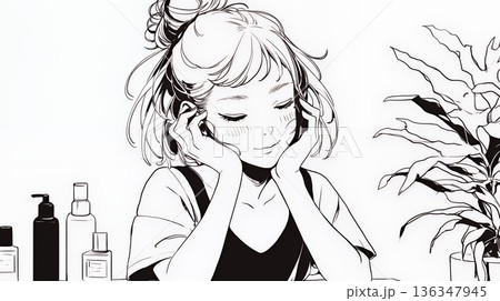 スキンケアを念入りに行う若い女性（シンプルな色使い）