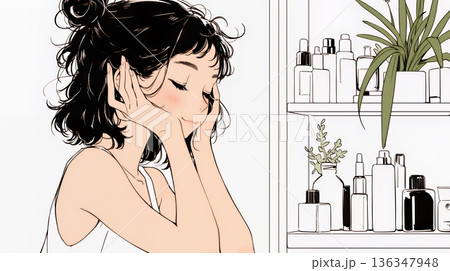 スキンケアを念入りに行う若い女性（シンプルな色使い）