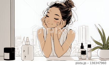 スキンケアを念入りに行う若い女性（シンプルな色使い）