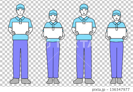Simple line drawing vector illustration set of smiling male and female workers holding cardboard boxes, full body Simple line drawing vector illustration set of smiling male and female workers holding cardboard boxes, full body 136347977