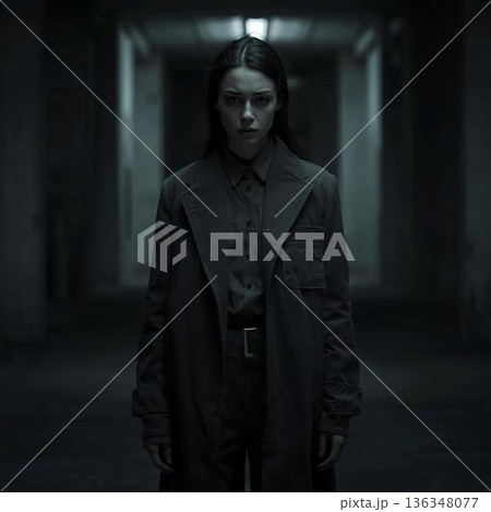 薄暗い廊下に立つ女性 薄暗い廊下に立つ女性 136348077