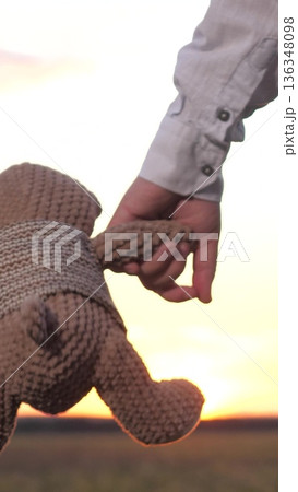 Romantic sunset silhouette, child next to mother, father on the other side, protective parent care, tiny toy, plush teddy bear, play outdoors fun, nature path, golden hour glow, bonding moment 136348098