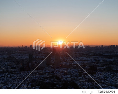 ＜鳥瞰＞雪景色の朝・東京 136348254