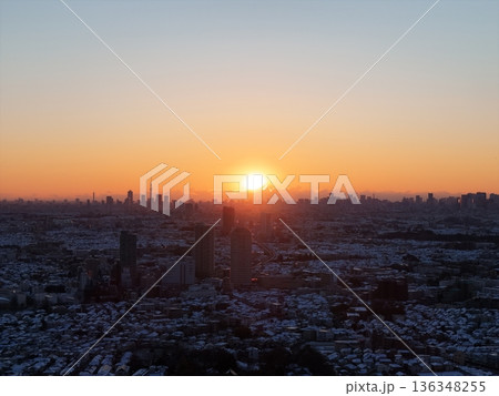 ＜鳥瞰＞雪景色の朝・東京 136348255