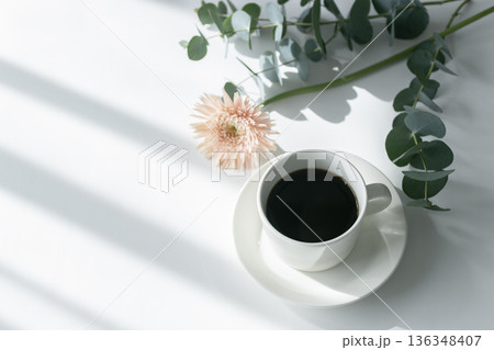 余白のある白背景 斜めの光とコーヒーとガーベラ 余白のある白背景 斜めの光とコーヒーとガーベラ 136348407