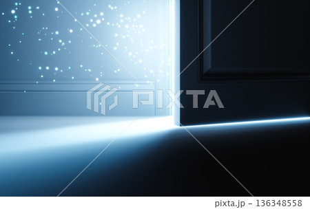 Light Shines Through Slightly Open Door in Dark Room, Concept Background Light Shines Through Slightly Open Door in Dark Room, Concept Background 136348558