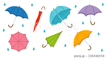 Rainy seasonal parasols. Open, closed and folded multicolored umbrellas set. Protecting accessories of different design, type. Autumn, spring season. Flat style. 136348559