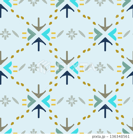 Modern tribal seamless pattern featuring abstract arrows and geometric shapes. High-quality vector background for textiles, wallpaper, and boho decor. Modern tribal seamless pattern featuring abstract arrows and geometric shapes. High-quality vector background for textiles, wallpaper, and boho decor. 136348561