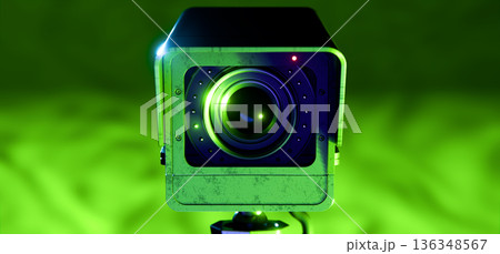 Camera Close-Up Showing Lens and Body in Green Lit Background 136348567