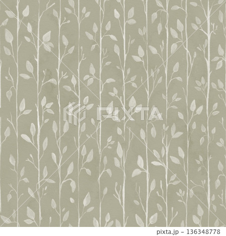 Seamless pattern of delicate, white branches with leaves on a muted gray-green background. Watercolor hand drawn pattern 136348778