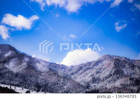晴れた日の雪山と絶景：青空に映える角田山の雪景色 136348785