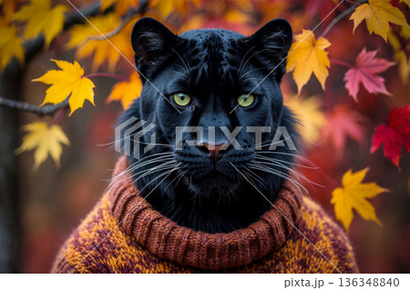 Panther in knitted sweater autumn forest background, animal in red and yellow foliage AI Generative 136348840
