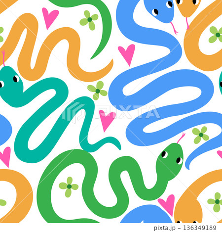 Vector seamless pattern with bright multicolored snakes 136349189