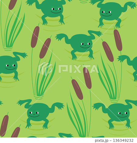 Vector seamless pattern with cute frogs on a pond 136349232
