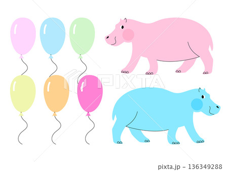 Vector set of illustrations with hippos and balloons 136349288