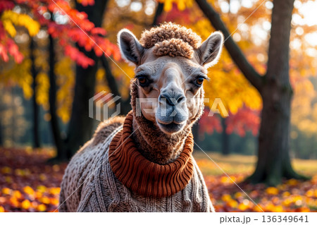 Camel in knitted sweater autumn forest background, animal in red and yellow foliage AI Generative Camel in knitted sweater autumn forest background, animal in red and yellow foliage AI Generative 136349641