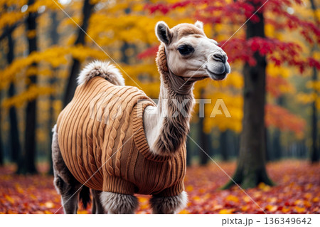 Camel in knitted sweater autumn forest background, animal in red and yellow foliage AI Generative Camel in knitted sweater autumn forest background, animal in red and yellow foliage AI Generative 136349642