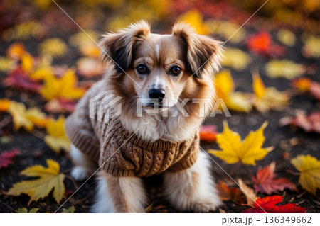 Dog in knitted sweater on autumn forest background, animal in red and yellow foliage AI Generative 136349662