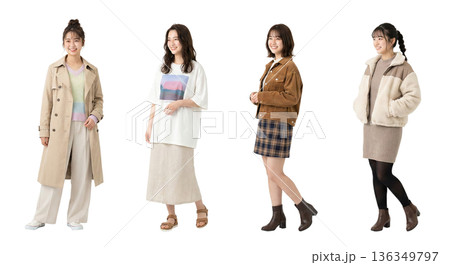 20代同一人物の日本人女性 4つの季節トレンド私服バリエーション 全身切り抜きPNG 透過背景 若い 136349797