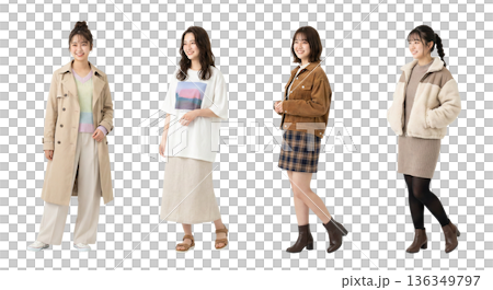 The same Japanese woman in her 20s, four seasonal trend casual clothing variations, full-body cutout PNG, transparent background, young 136349797