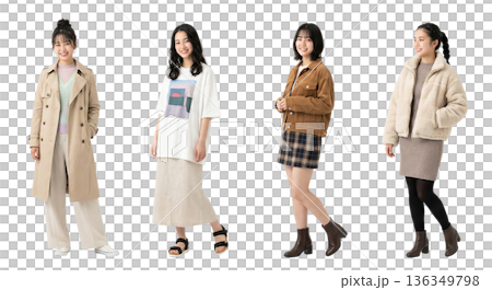 20代同一人物の日本人女性 4つの季節トレンド私服バリエーション 全身切り抜きPNG 透過背景 若い 20代同一人物の日本人女性 4つの季節トレンド私服バリエーション 全身切り抜きPNG 透過背景 若い 136349798