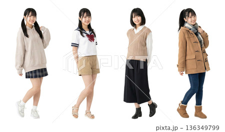 10代同一人物の日本人女性 春夏秋冬のセーラー服とカジュアル4人セット 全身切り抜きPNG 透過 10代同一人物の日本人女性 春夏秋冬のセーラー服とカジュアル4人セット 全身切り抜きPNG 透過 136349799