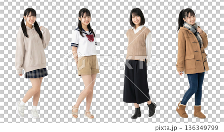 10代同一人物の日本人女性 春夏秋冬のセーラー服とカジュアル4人セット 全身切り抜きPNG 透過 10代同一人物の日本人女性 春夏秋冬のセーラー服とカジュアル4人セット 全身切り抜きPNG 透過 136349799