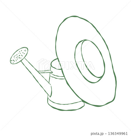A watering can and a hat. Vector outline illustration in green. Gardening concept. Spring and summer clip art isolated on a white background.  136349961