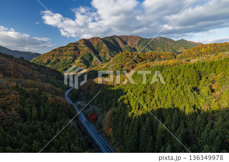 日本　島根県仁多郡にある奥出雲おろちループの三井野大橋から眺める紅葉した山 136349978