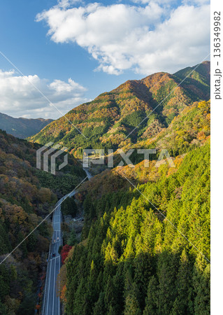 日本　島根県仁多郡にある奥出雲おろちループの三井野大橋から眺める紅葉した山 136349982