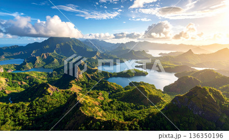 Natural landscapes top view. encompassing mountains, lakes, and rivers. AI Generated. 136350196