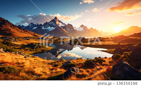 Natural landscapes sunset view. encompassing mountains, lakes, and rivers. AI Generated. 136350198