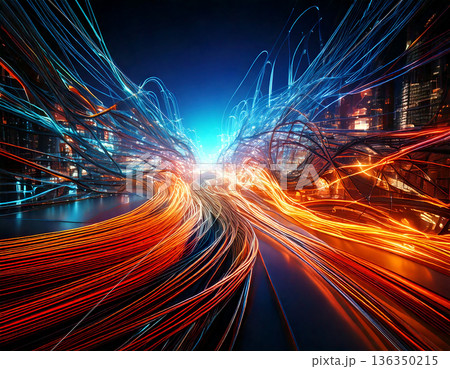 Long streaks of orange and blue light moving fast. Electrified wires and illuminated fiber optics intertwined in a high. AI Generated. Long streaks of orange and blue light moving fast. Electrified wires and illuminated fiber optics intertwined in a high. AI Generated. 136350215