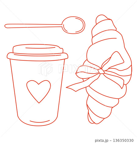 Hand-drawn illustrations of croissant with a bow and takeaway coffee cup and spoon in modern line art style on white background Hand-drawn illustrations of croissant with a bow and takeaway coffee cup and spoon in modern line art style on white background 136350330