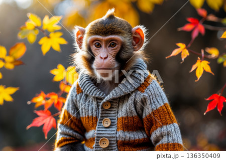 Monkey in knitted sweater autumn forest background, animal in red and yellow foliage AI Generative 136350409