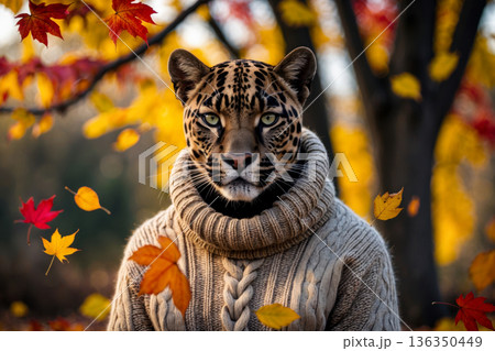 Leopard in knitted sweater autumn forest...のイラスト素材 [136350449] - PIXTA